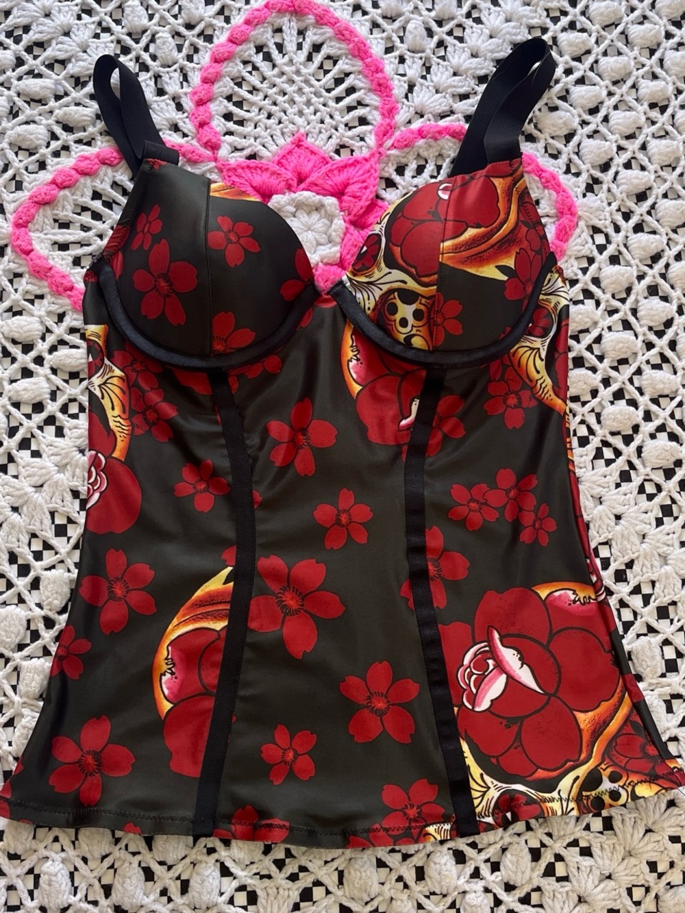 Black Y2K Corset Top Red Roses, Skulls and Cherry Blossom with Underwire Support